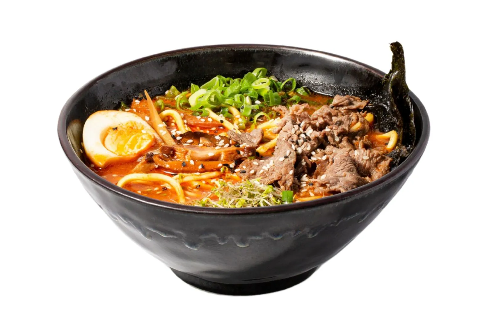 Spicy ramen with sliced beef, mushrooms and soft-boiled egg at J7 Ramen, a Japanese Restaurant in Whitby
