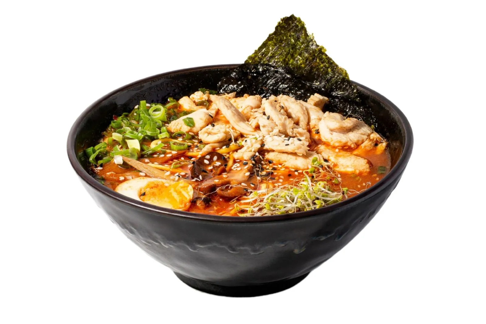 Spicy ramen with tender chicken, soft-boiled egg and seaweed at J7 Ramen, a Japanese Restaurant in Whitby